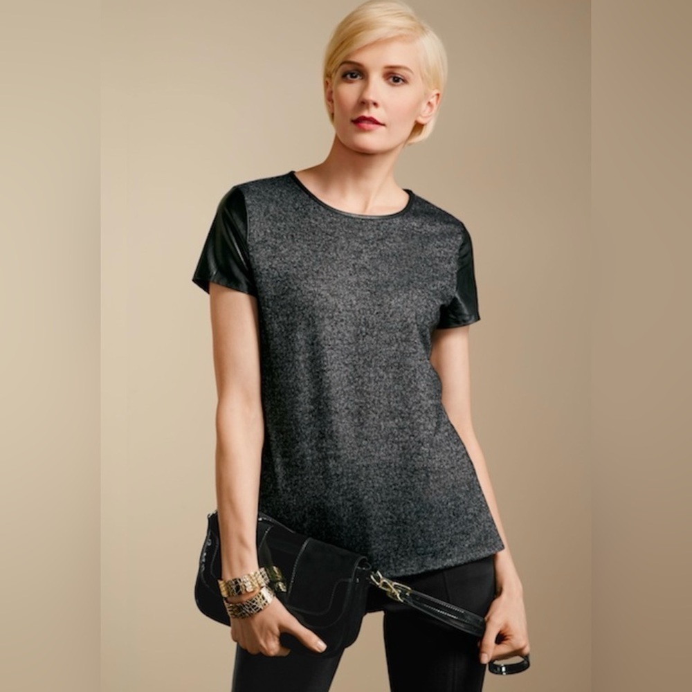 Talbots knit wool blend top S Small black grey short sleeve warm autumn fall